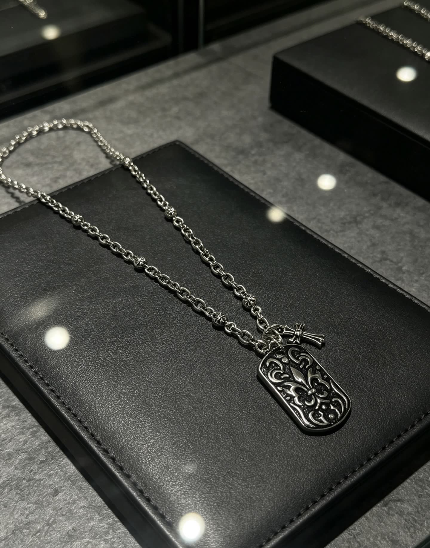 Chrome Hearts Silver Fleur-de-lis Dog Tag Necklace